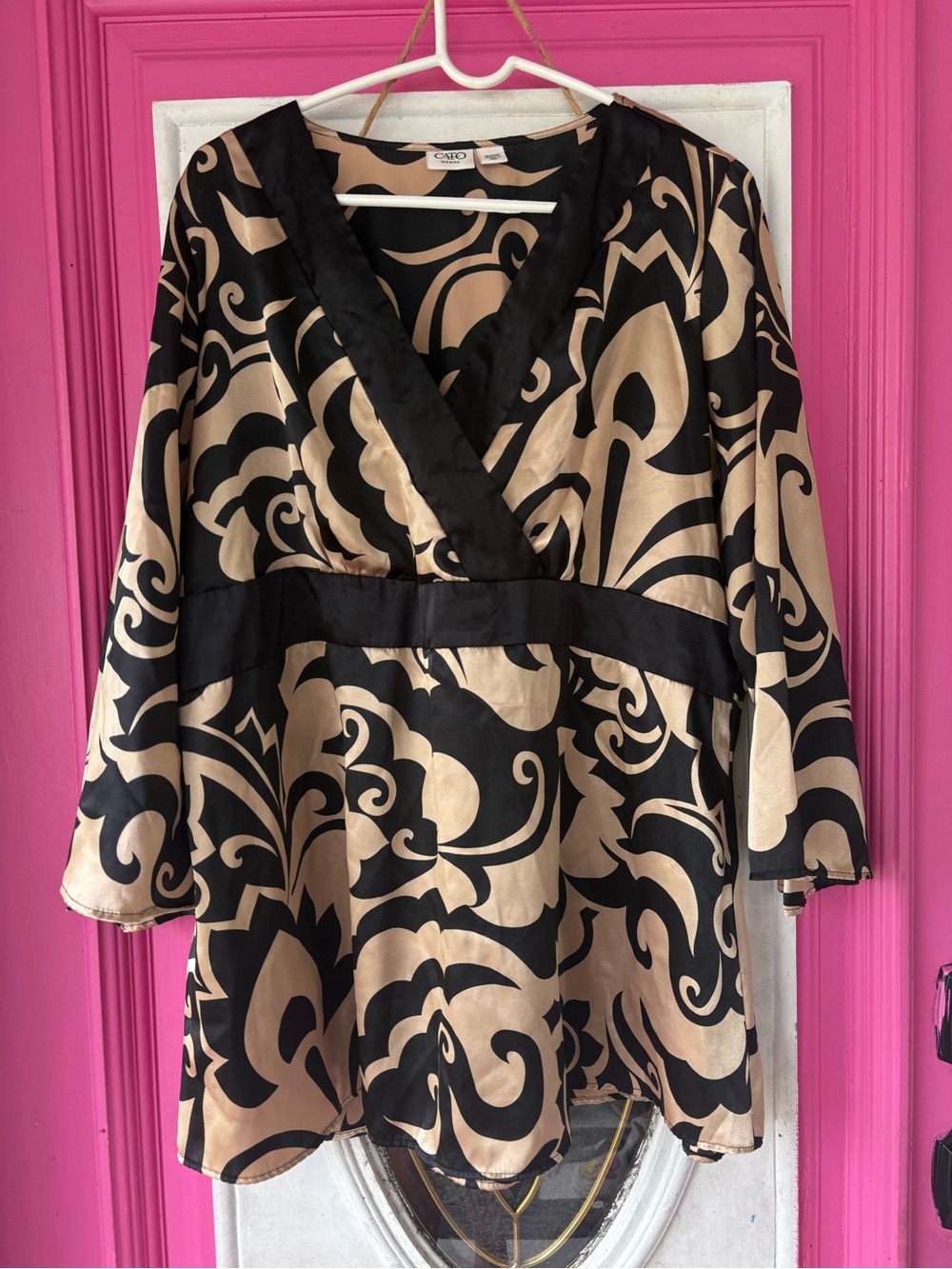Cato Black and Tan Patterned Wrap-Style Women's Top